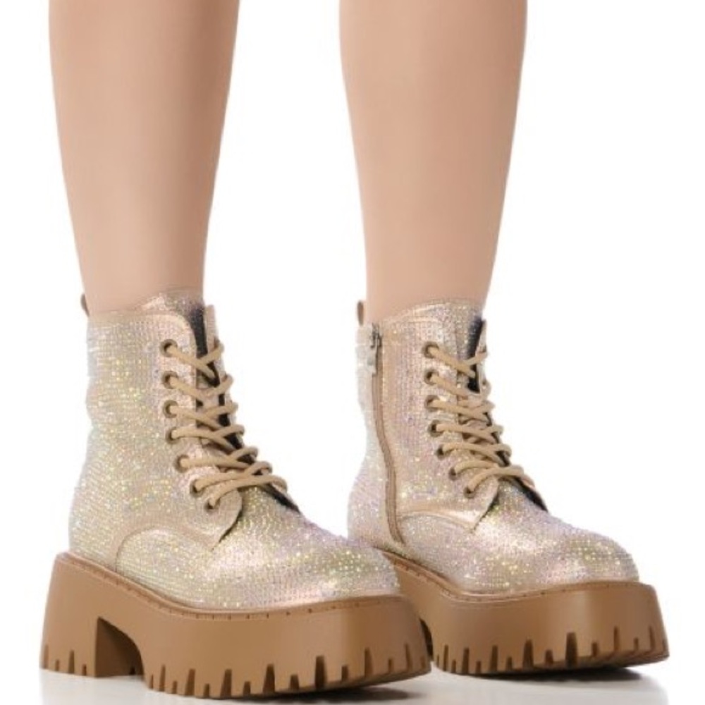 AZALEA WANG Gold Rhinestone Combat Booties - Picture 5 of 5